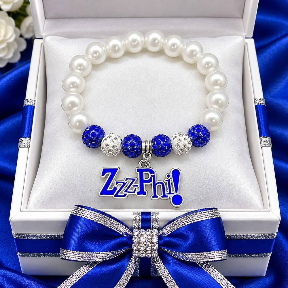 Zeta Phi Beta Bracelet Blue and White Pearls rhinestone with ZzzPhi!